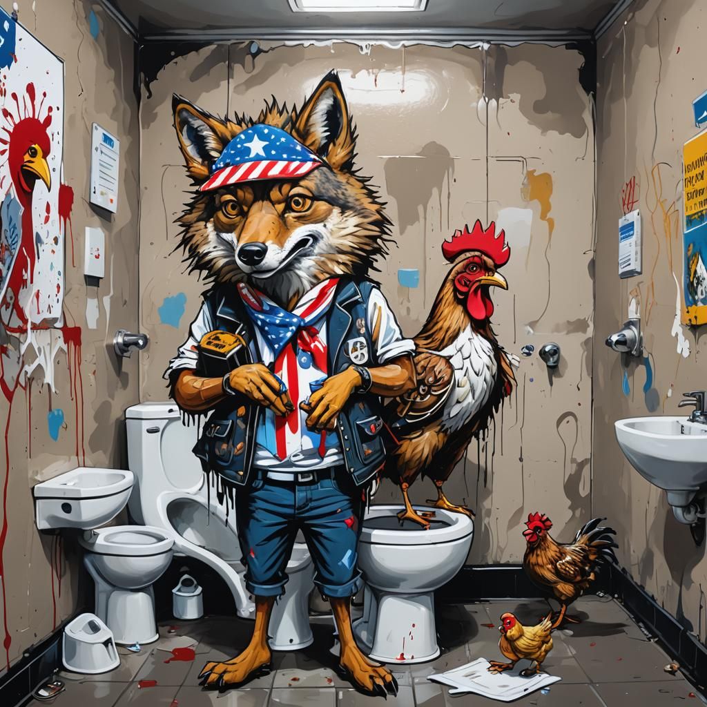 Coyote Mafia Boss in a Surreal Bathroom, Basquiat Style