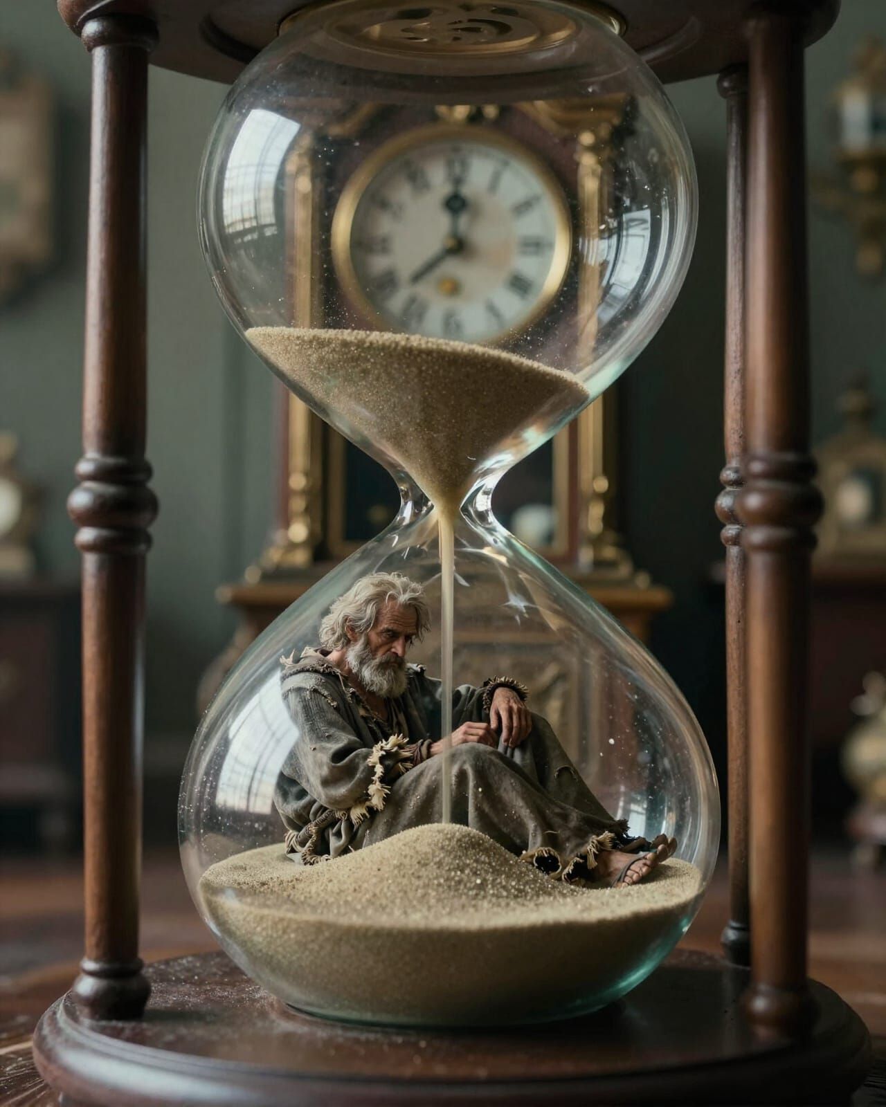 Old Man Inside Hourglass, Clock at Midnight