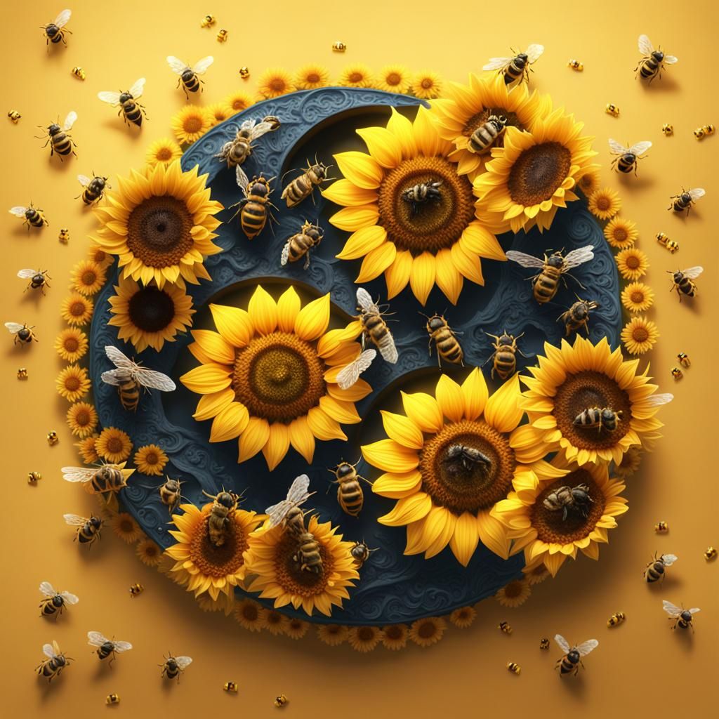 Sunflower Yin-Yang with Bees: Detailed Matte Painting