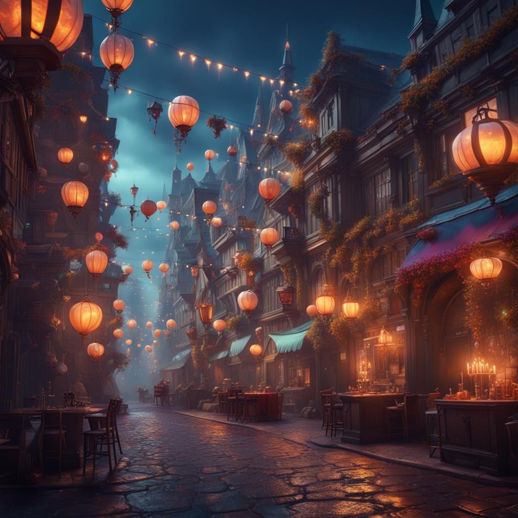 Fantastical Street Party in Detailed Matte Painting Style