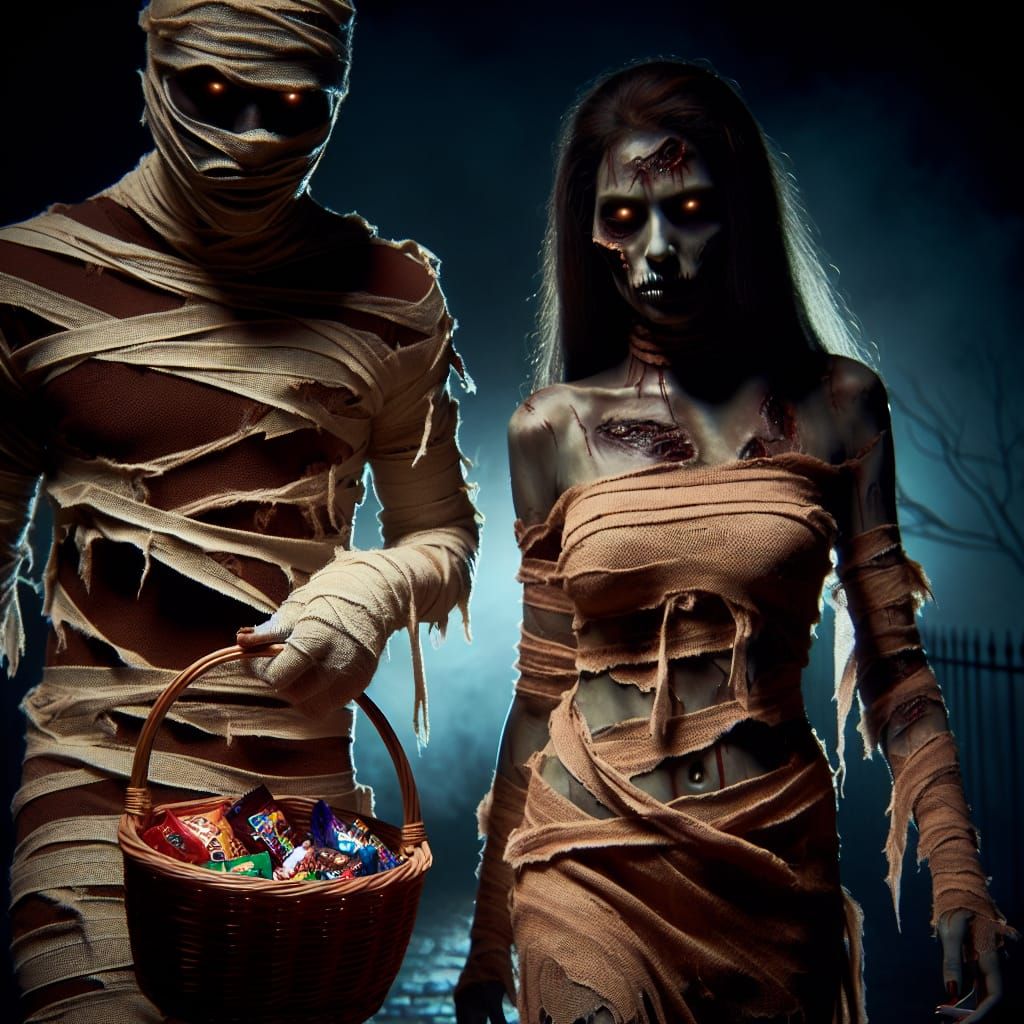 Halloween Zombie and Mummy Trick or Treat Scene