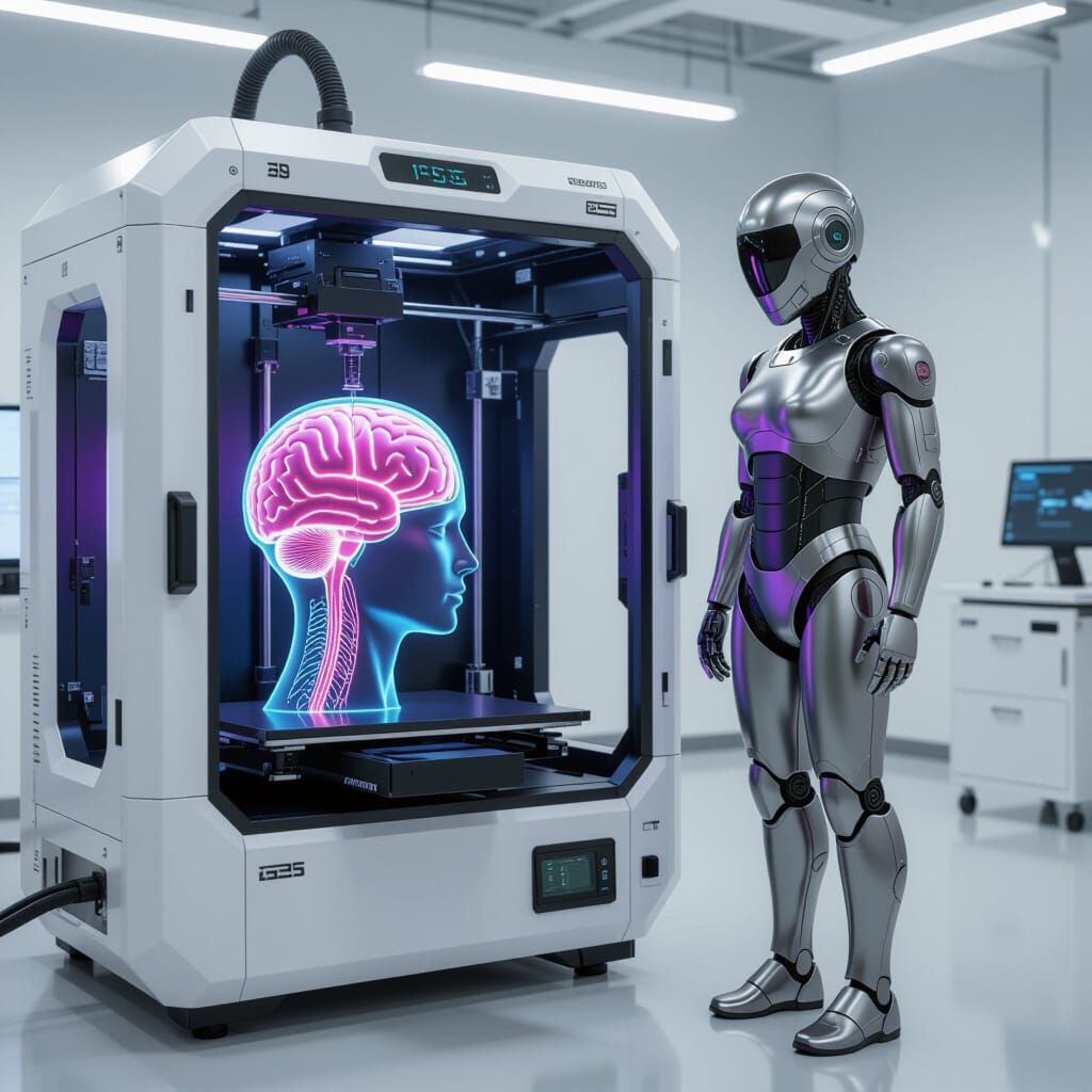 Futuristic Robot Waits for Brain to Finish Printing