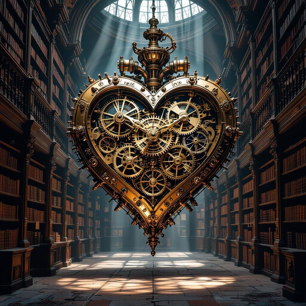Clockwork Heart in Abandoned Library, Baroque Style