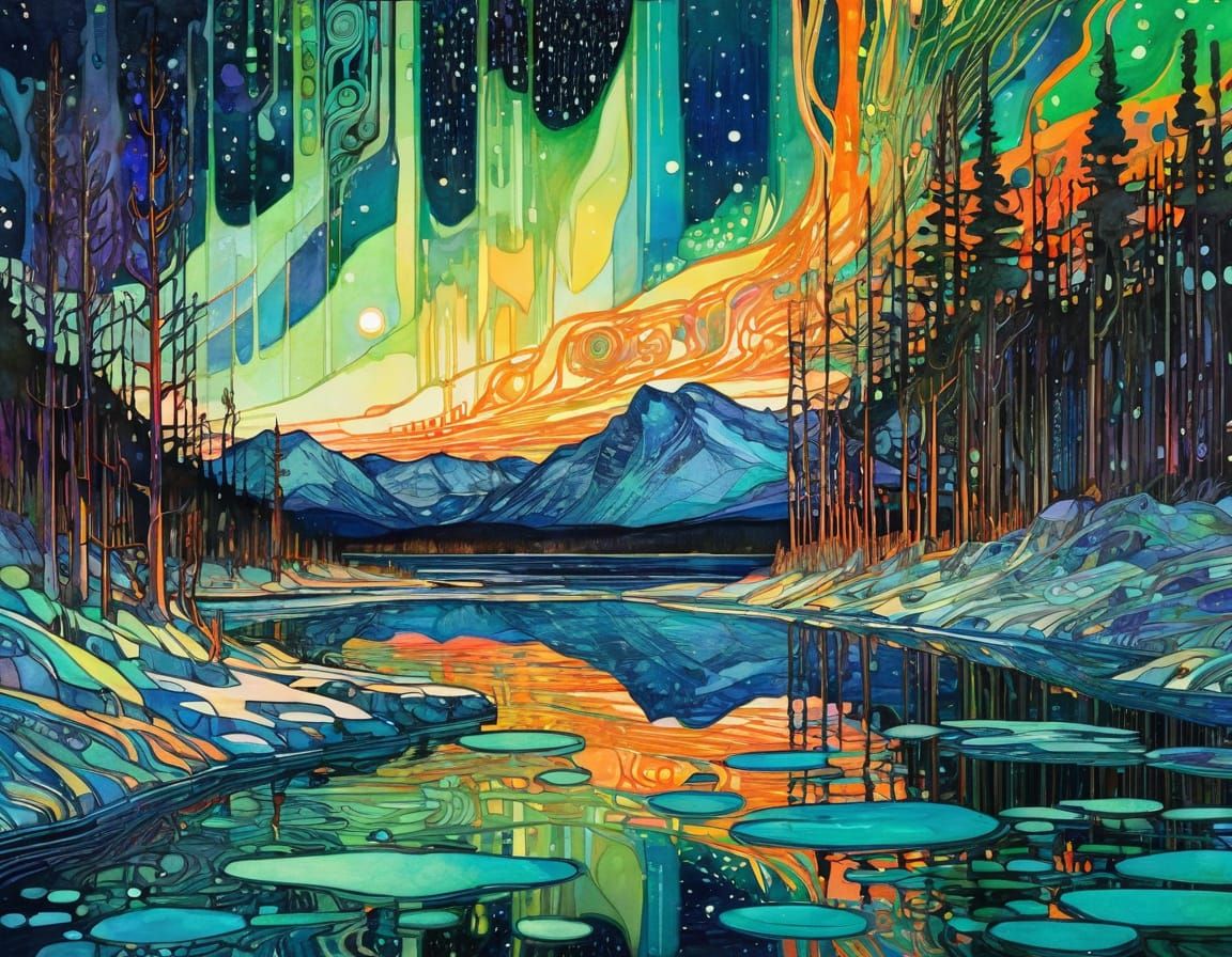 Neon Aurora Borealis in Arctic Landscape