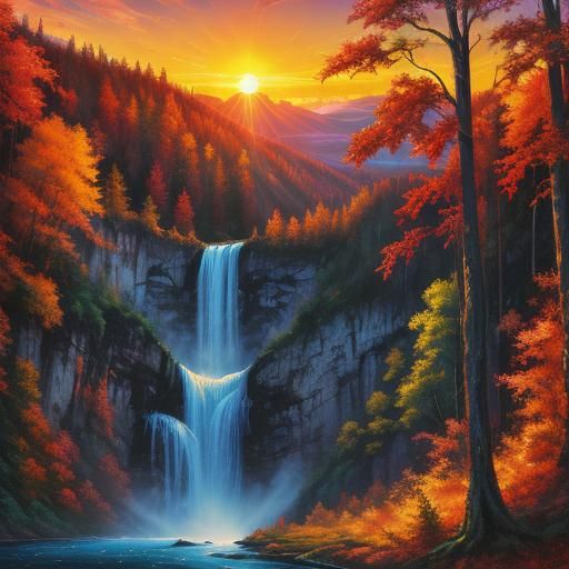 Synthwave Autumn Forest Waterfall Impasto Painting