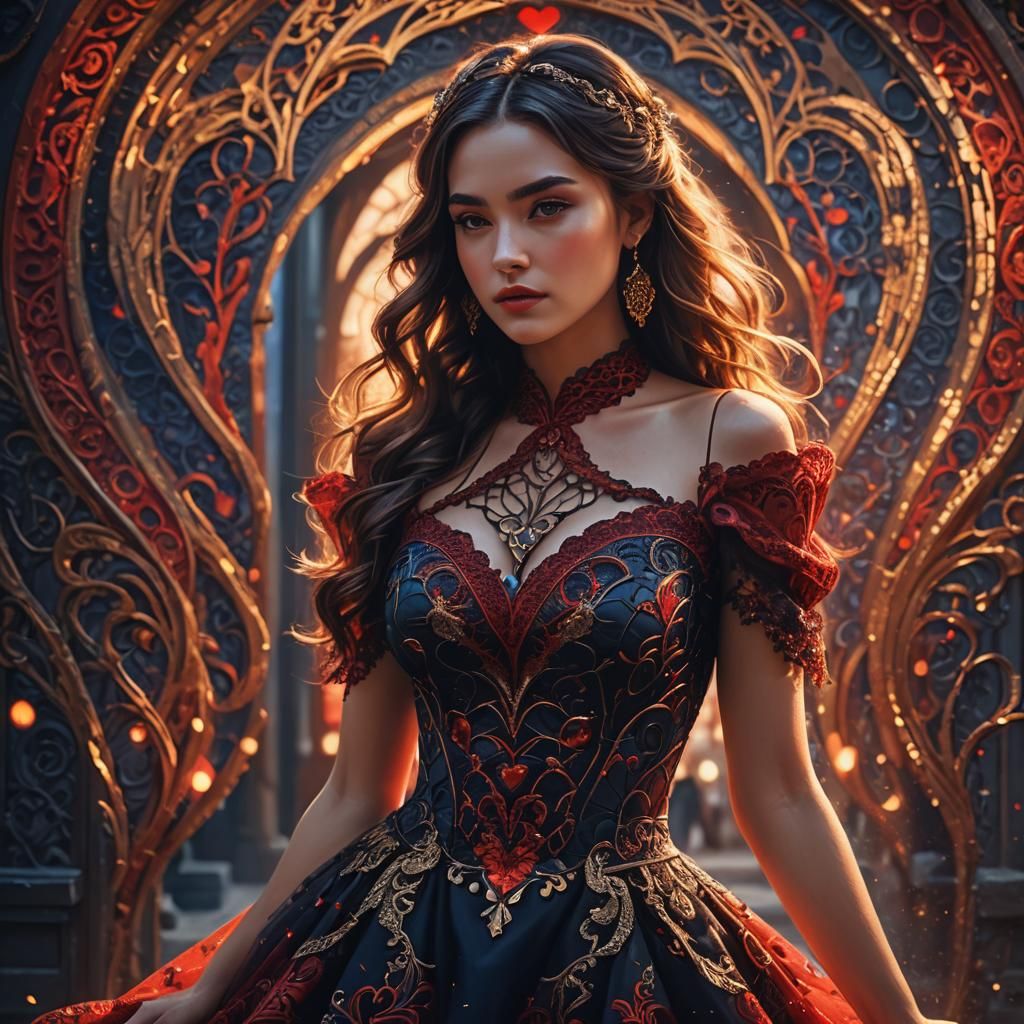 Fantasy Girl in Red Dress, Art Nouveau Style