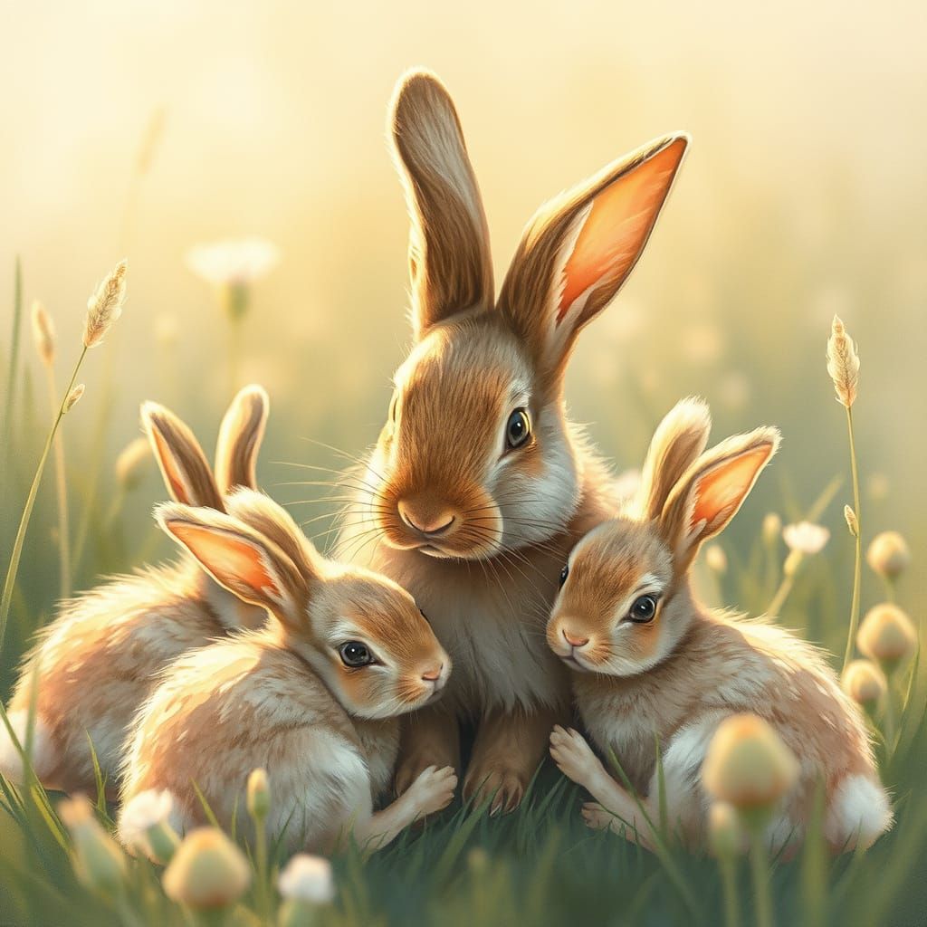 Lop-Eared Rabbit and Babies in Watercolor Meadow