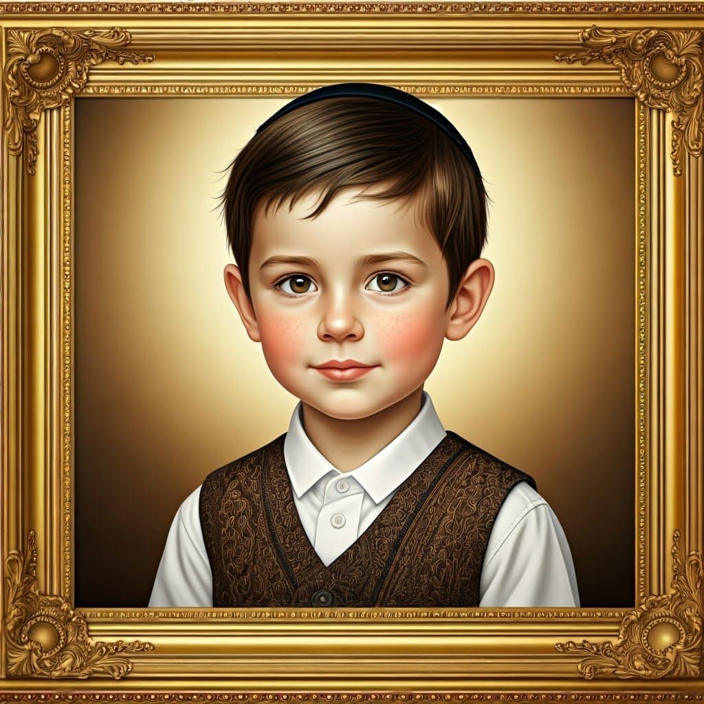 Refined Haredi Boy in Golden Frame with Warm Cream Backgroun...