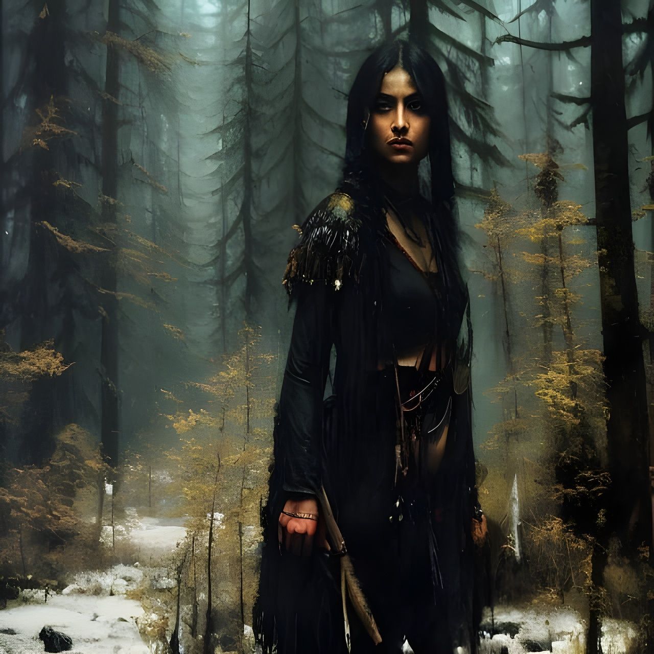 Haida Woman Portrait in Forest, Oil Painting Style