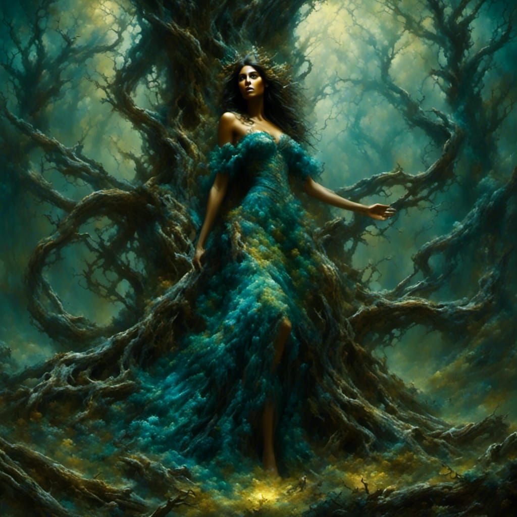 Dryad Emerges from Forest Tree in Spirits Style