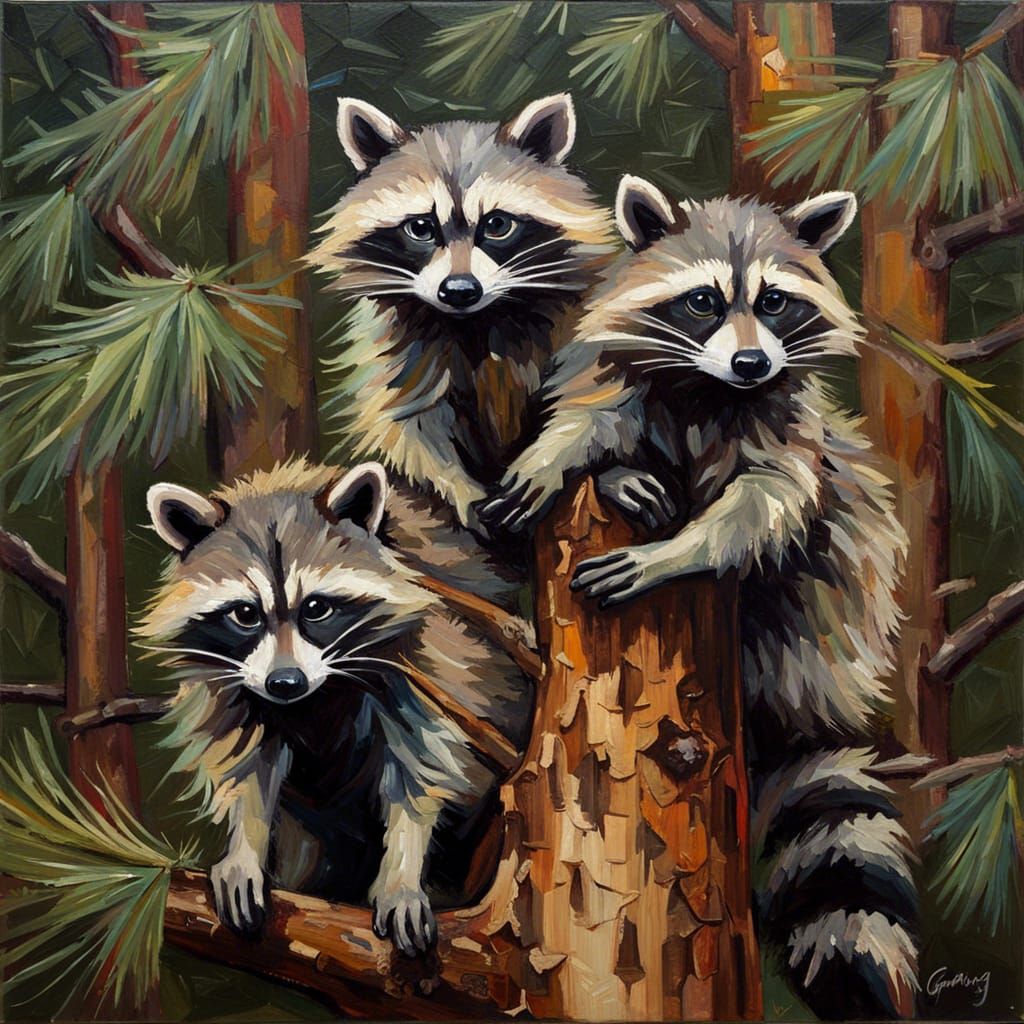 Raccoons in Pine Tree: Palette Knife Tile Art