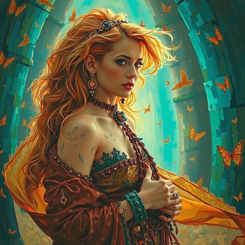 Glamorous Woman on Windswept Moor at Twilight in Oil Paintin...