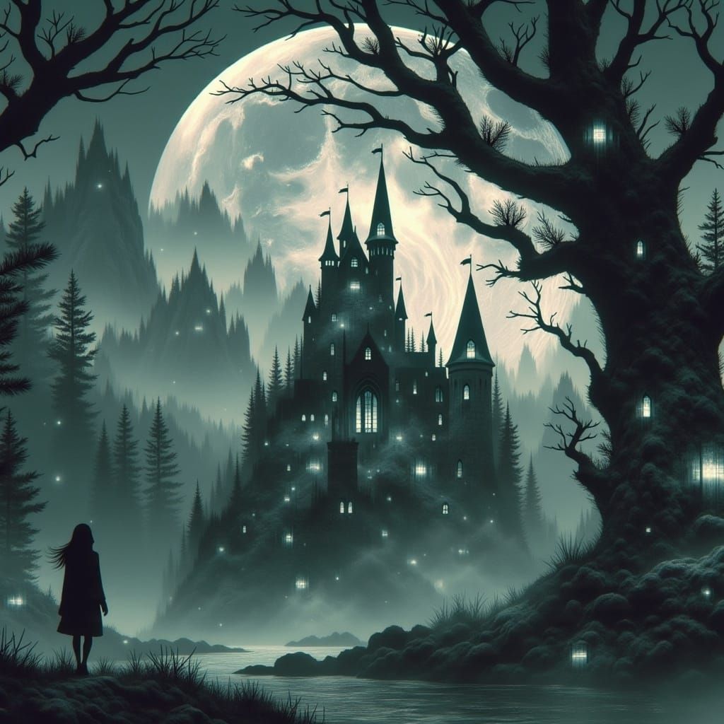 Mystical Castle in Fog-Shrouded Forest