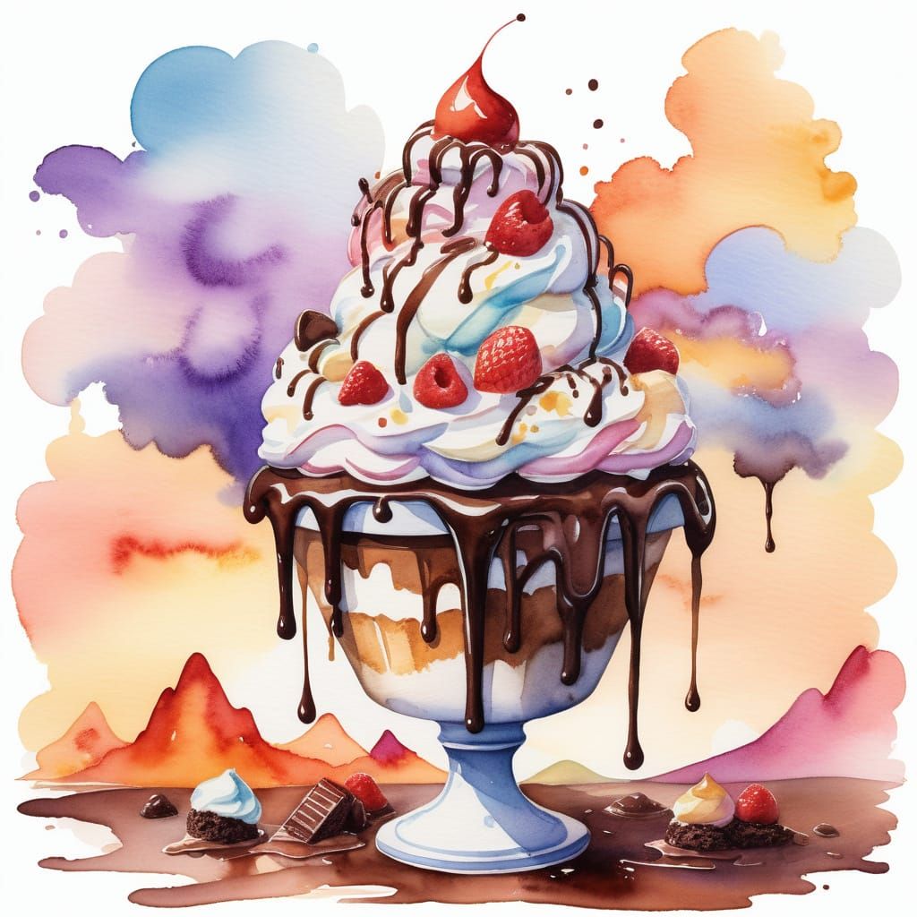 Watercolor Ice Cream Sundae Mountain Landscape