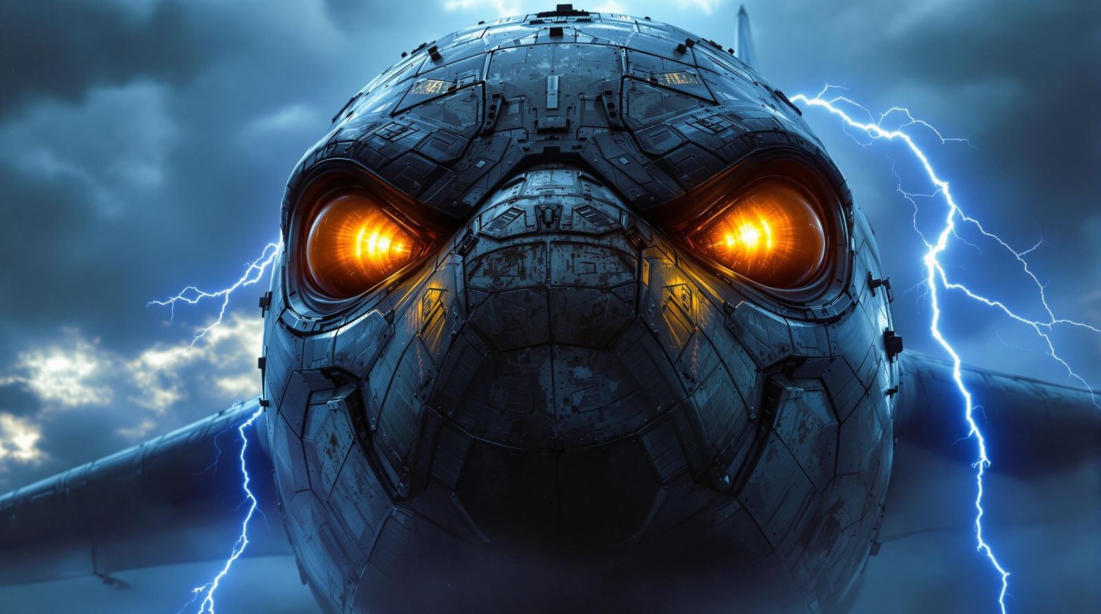 Realistic Futuristic Airplane with Scary Face and Lightning