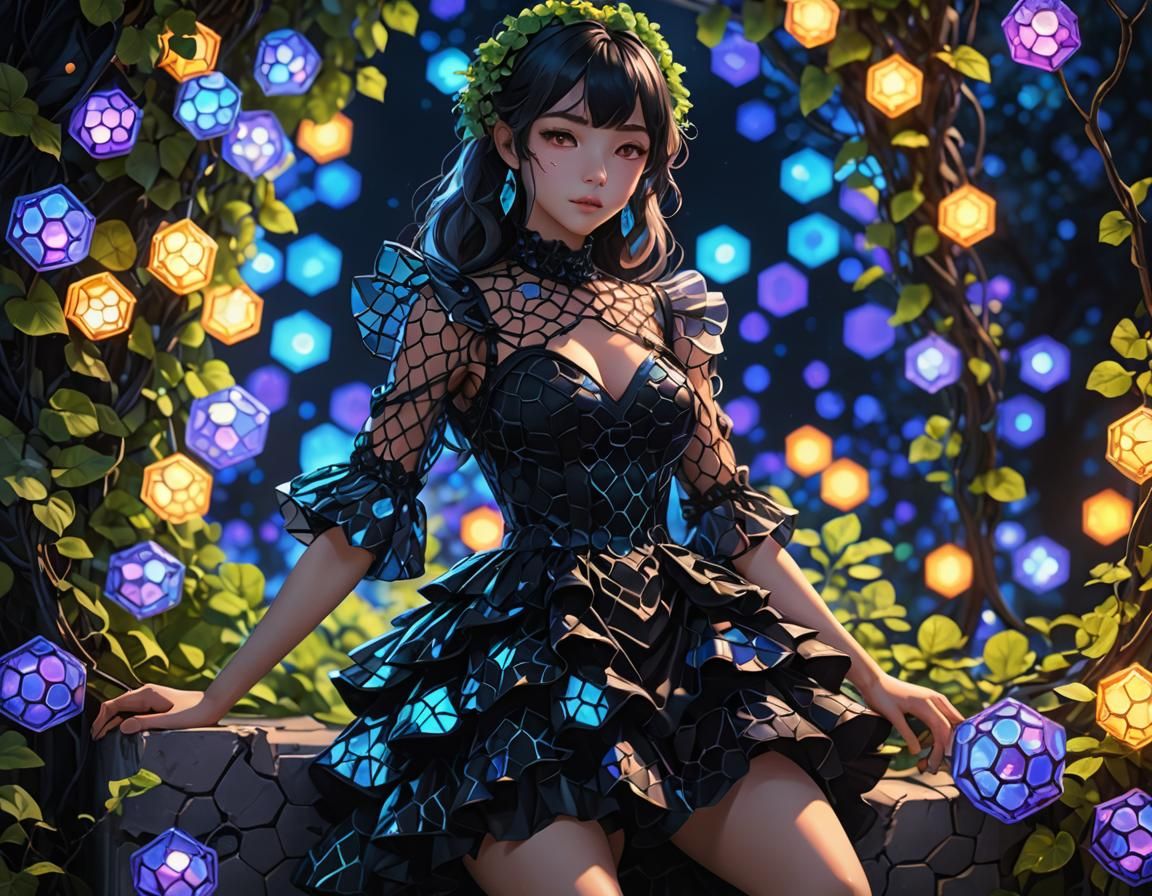 Holographic Dress in Anime Style with Bokeh Lighting