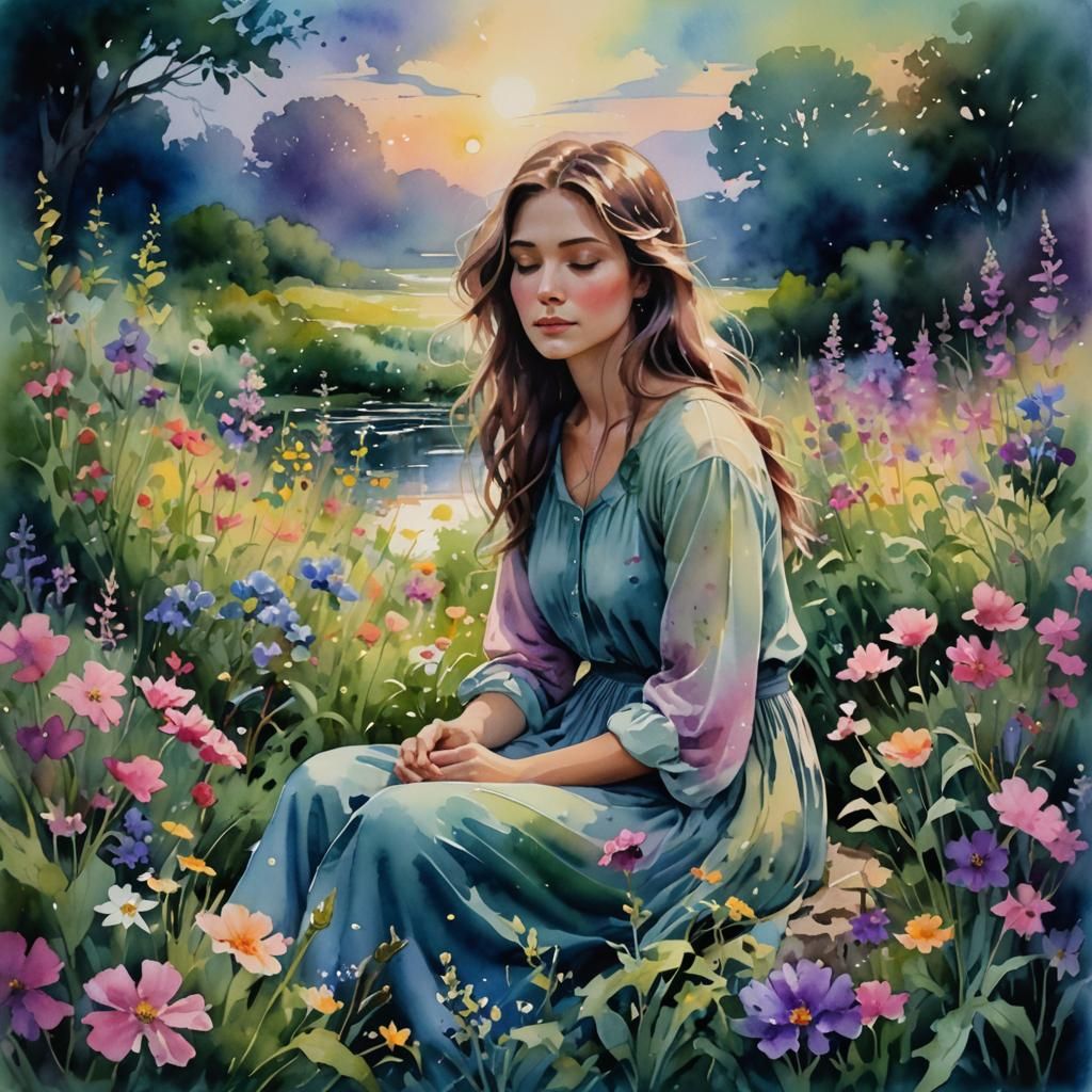 Woman in Twilight Garden: Wet Wash Watercolor