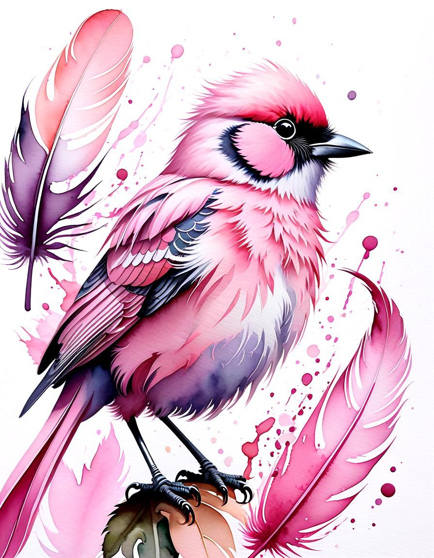 Fluffy Pink Bird in Watercolor Painting