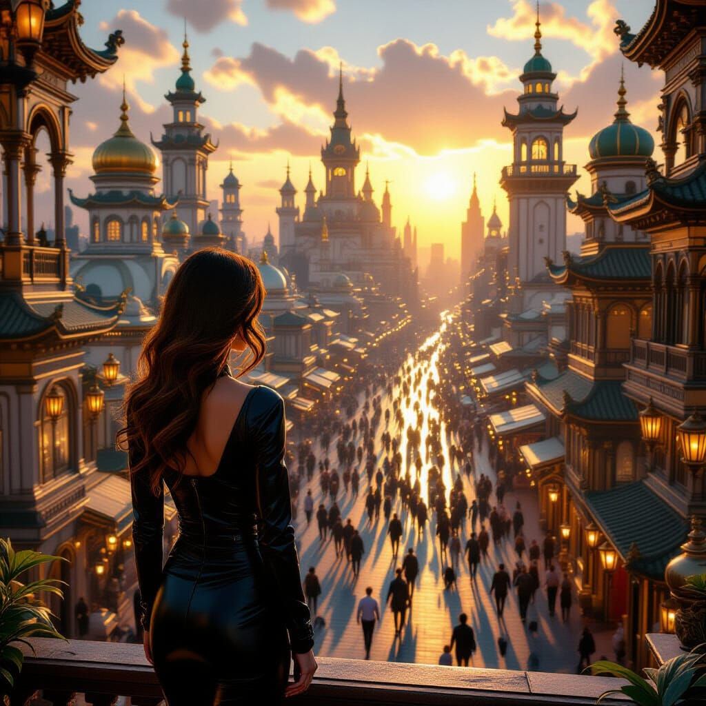 Bustling Metropolis Panorama with Woman and Exotic Animals