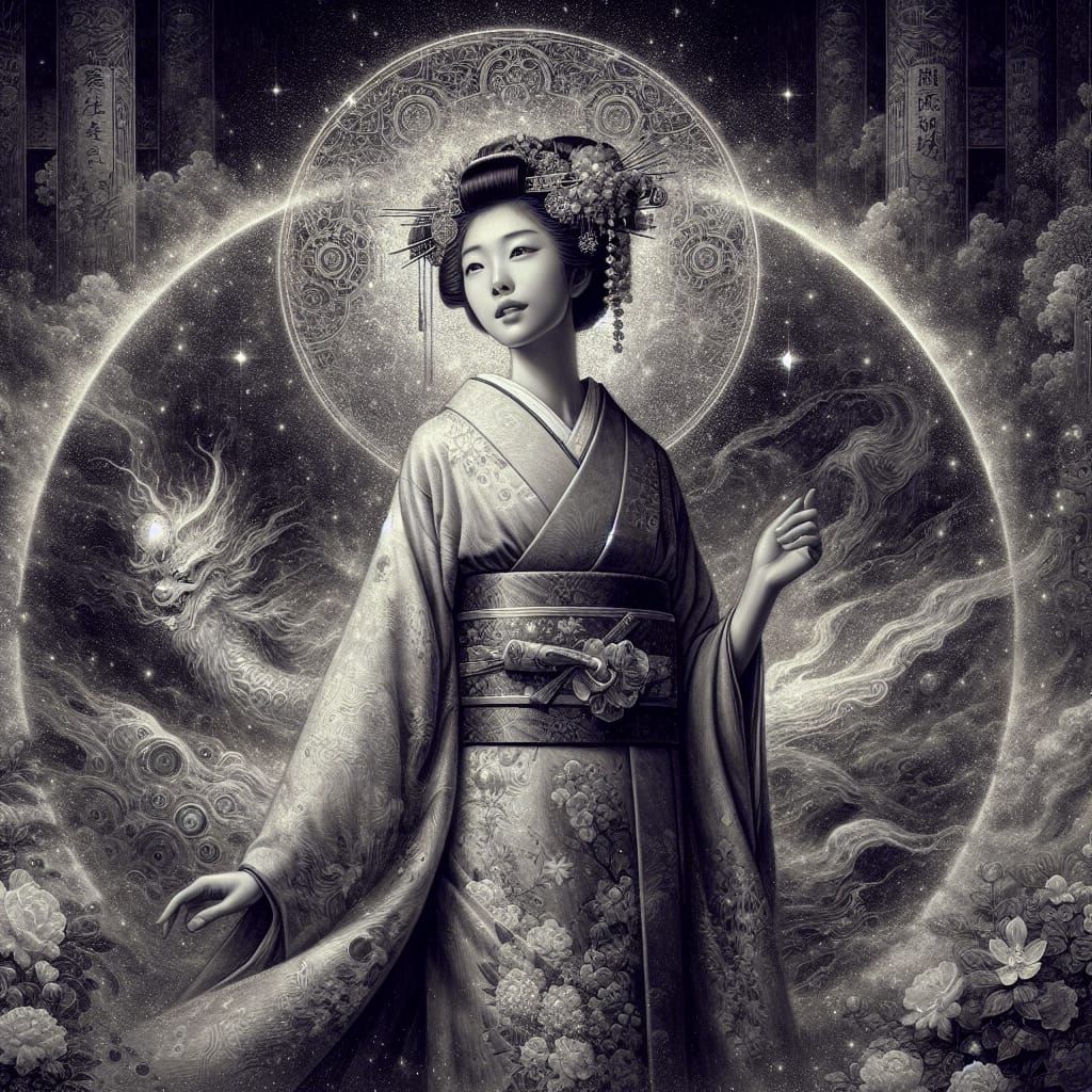 Japanese Woman in Stardust, Realistic Oil Painting