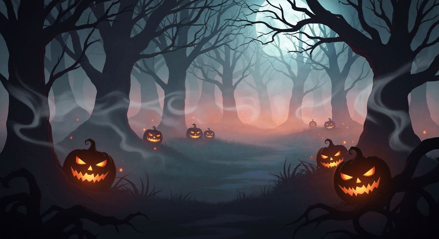Ethereal Halloween Forest Scene with Glowing Pumpkins
