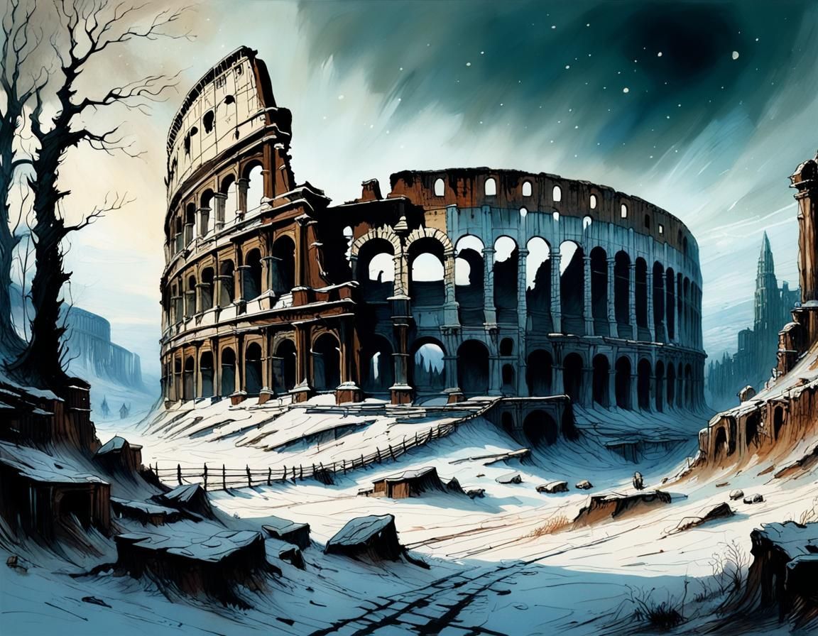 A Futuristic Post-Apocalyptic Winter Scene of a Ruined Colos...
