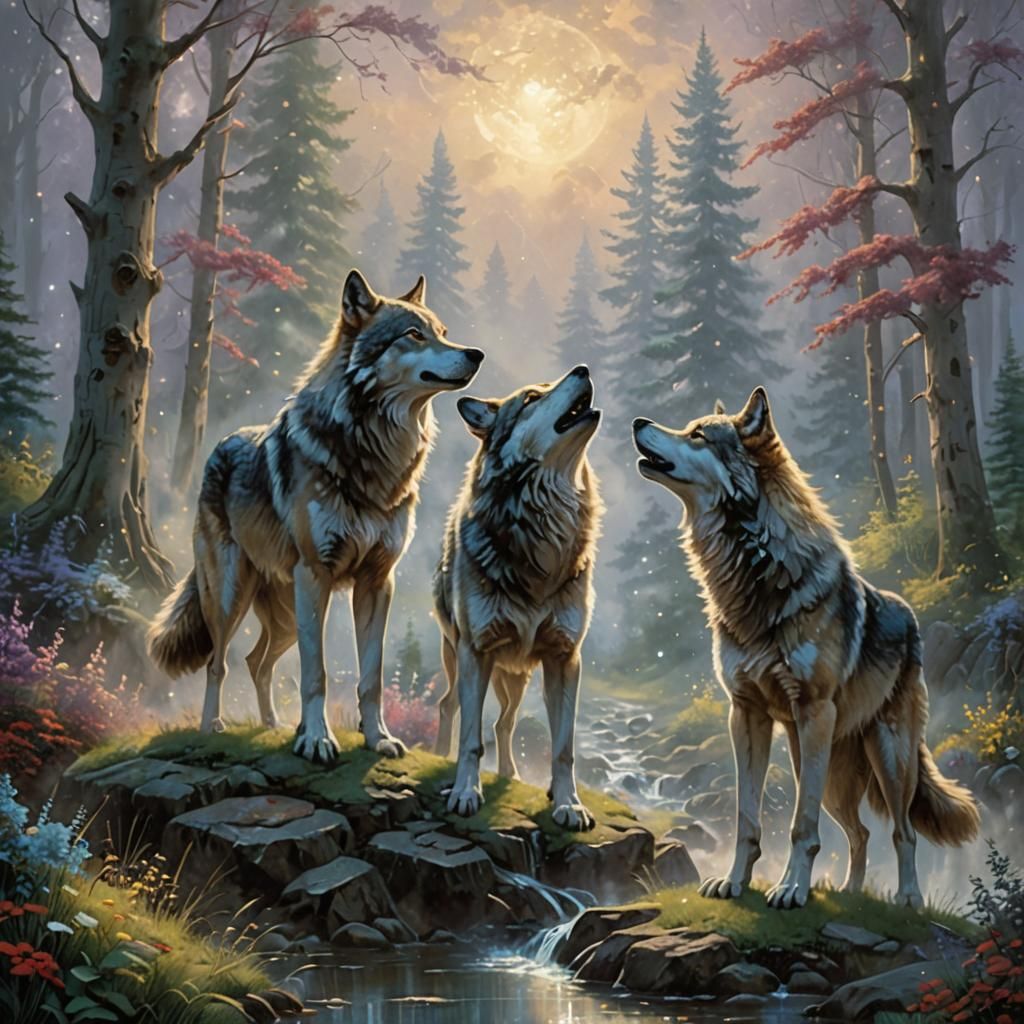 Wolves High-Five in Ethereal Fantasy Landscape