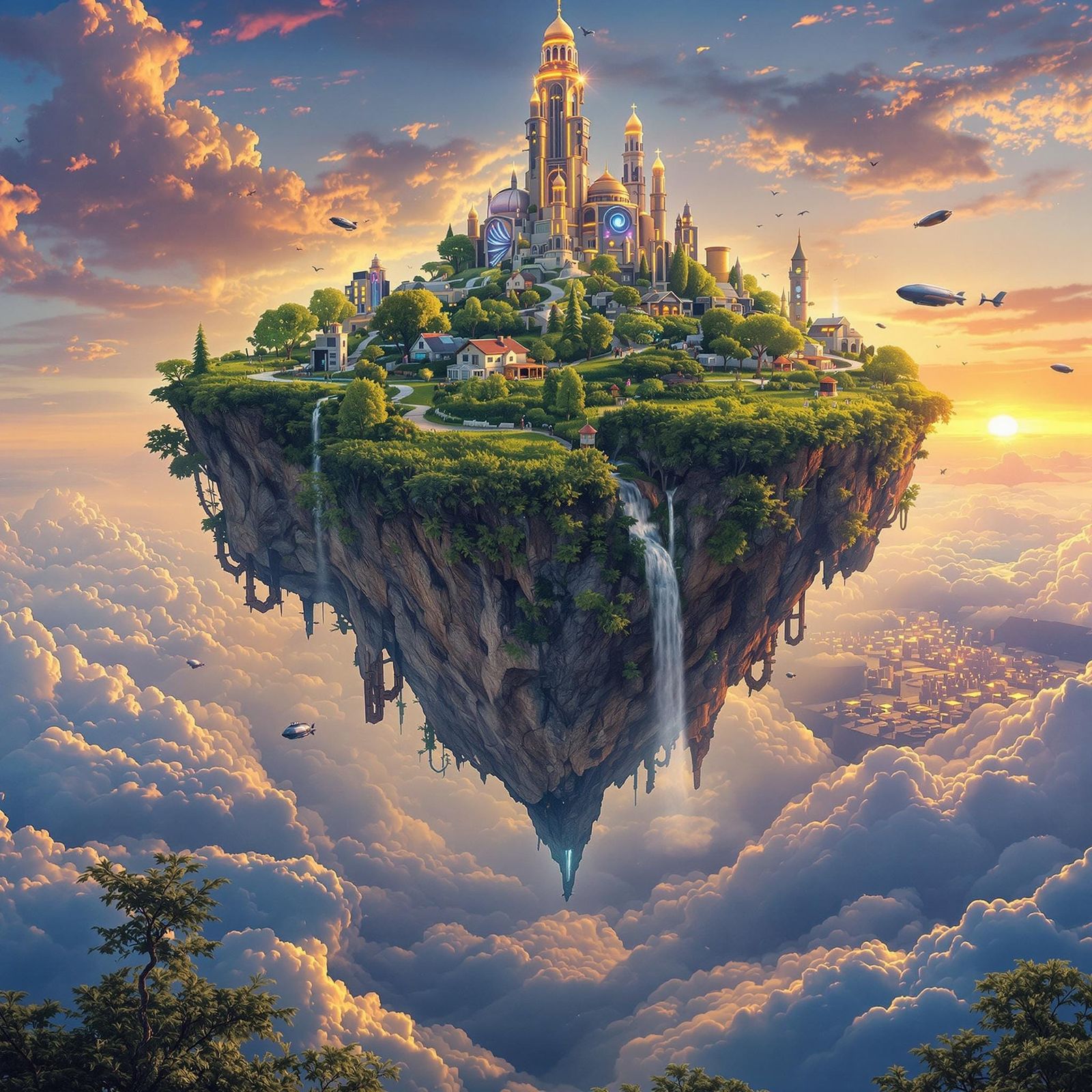 Floating Island in the Sky, Tethered to the Ground in Surrea...