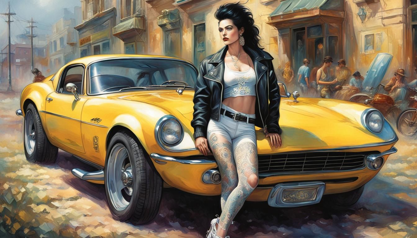 Woman with Tattoos Leaning on Sports Car