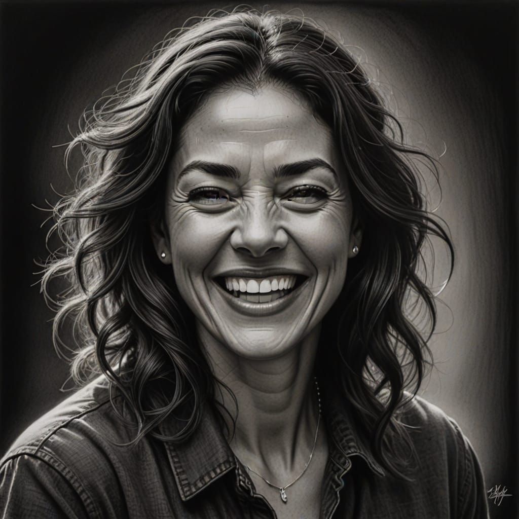 Woman Laughing Fearlessly in Charcoal Drawing Style