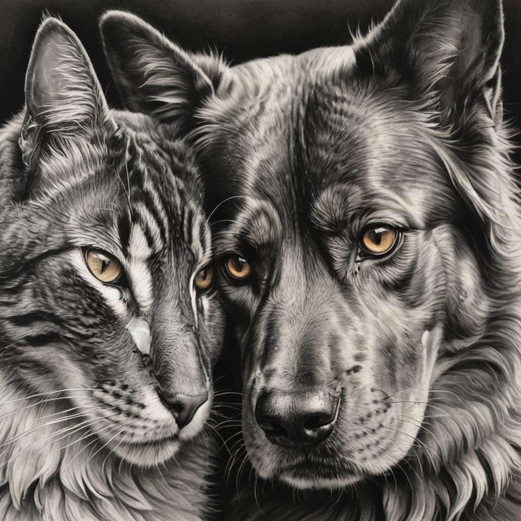 Hyperdetailed Charcoal Drawing of Dog and Cat