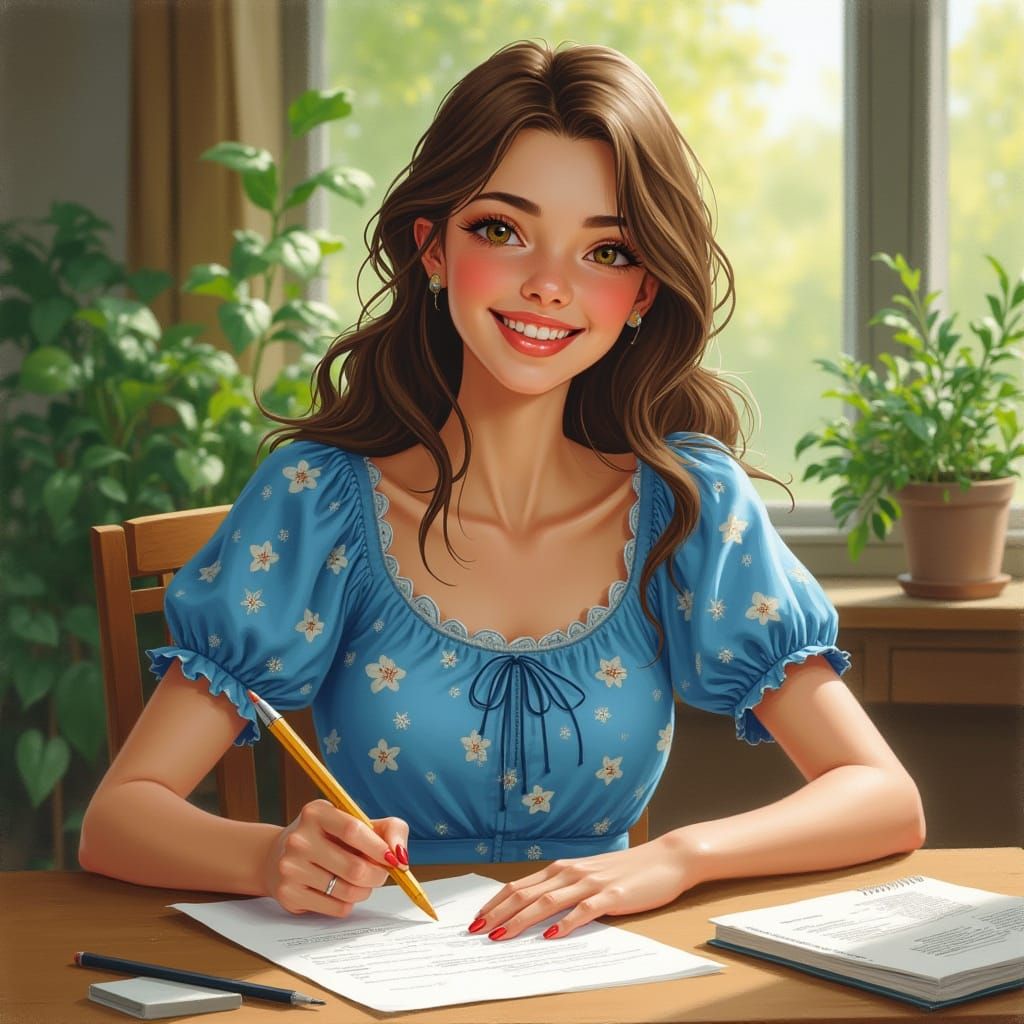 Young Woman in Blue Dress Takes Exam in Whimsical Study
