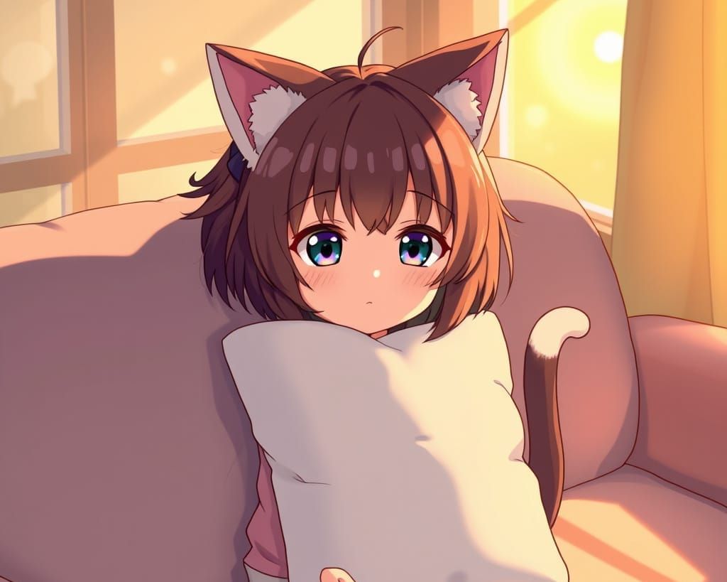 Girl with Feline Accents in Morning Light Anime Drawing