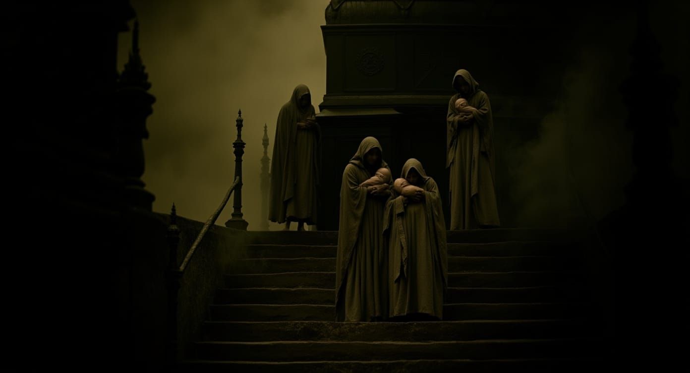 Mystical Ascent: Women at Black Altar in Sepia Chiaroscuro