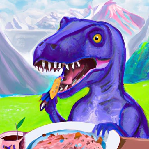 T-Rex, the cute dinosaur eating blueberry pie. Storybook illustration. Colorful. Naïve art. Detailed digital illustratio...