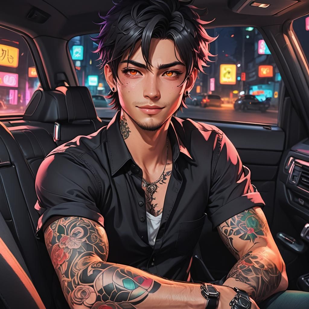 Anime Style Handsome Man in Car, Neon Colors