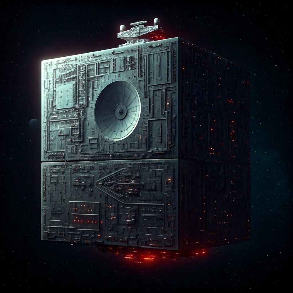 Cyberpunk Death Star in Industrial Brutalist Style