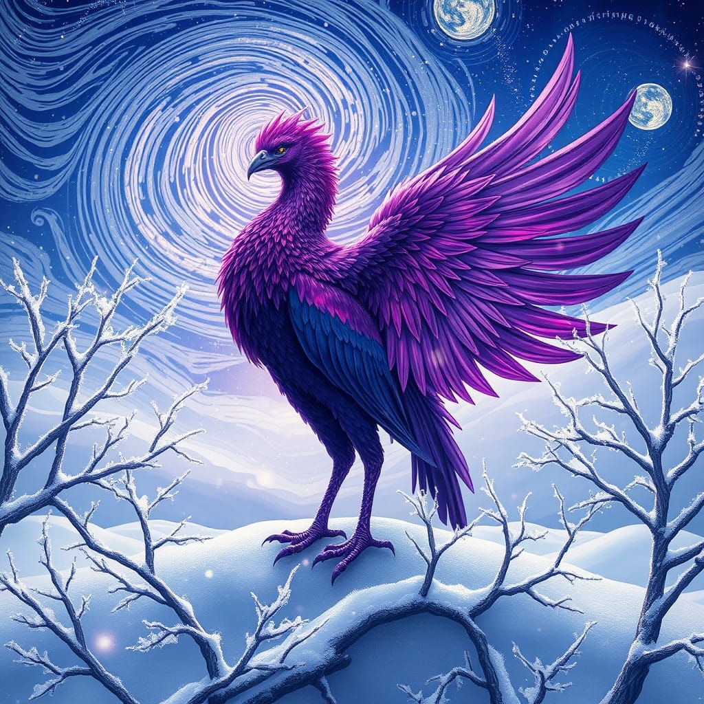 Majestic Purple Phoenix in Serene Snowy Landscape