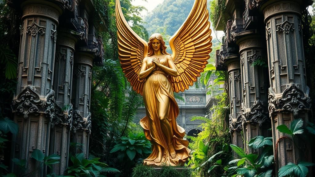Golden Angel Statue in Jungle Ruins