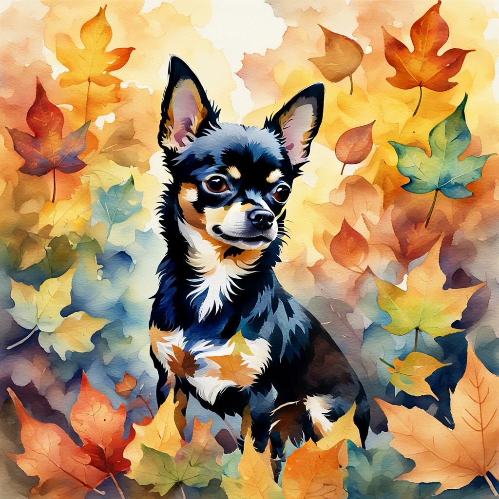 Chihuahua in Autumn Leaves: Expressive Watercolor Painting