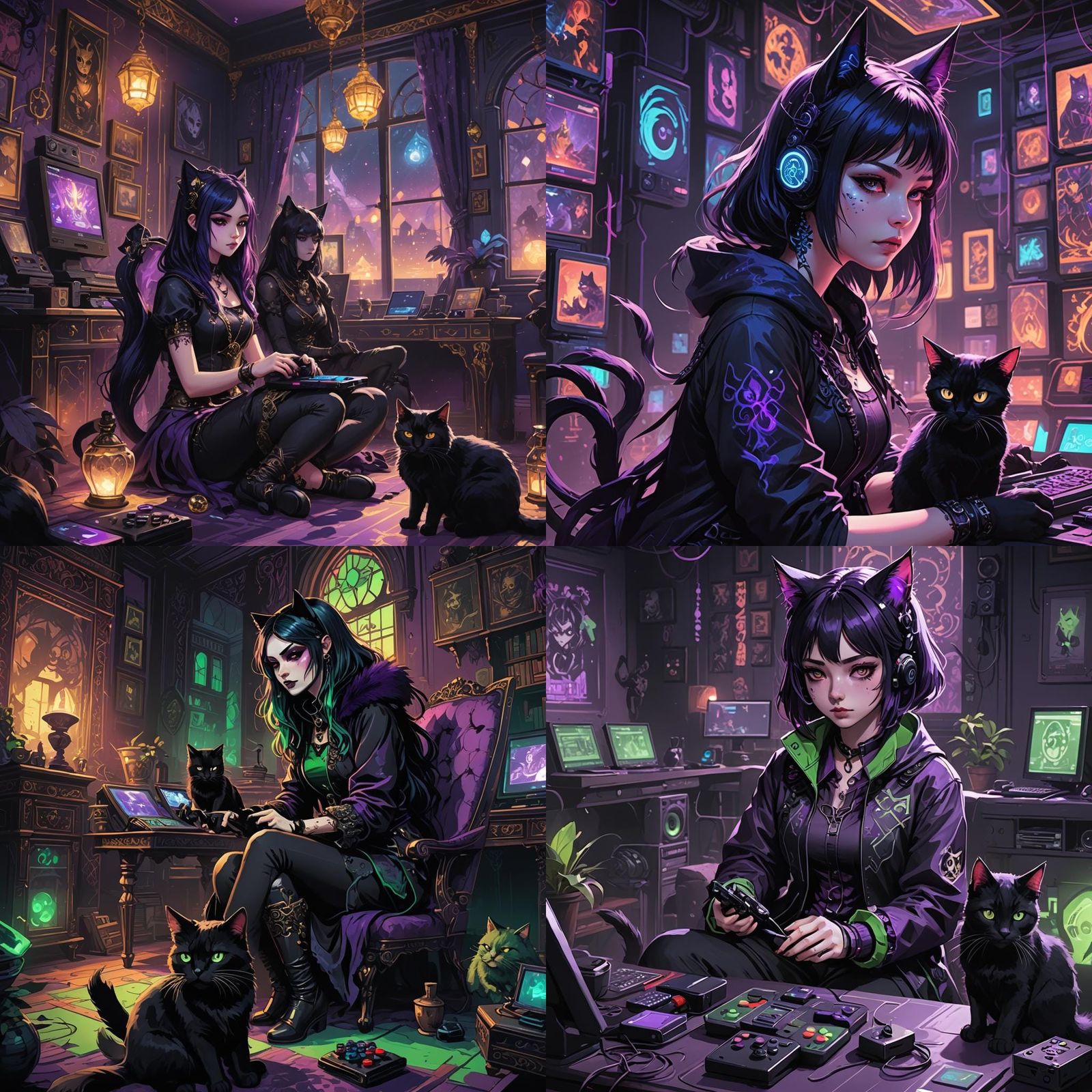 Goth Cat-Girl Gaming: Detailed Matte Painting