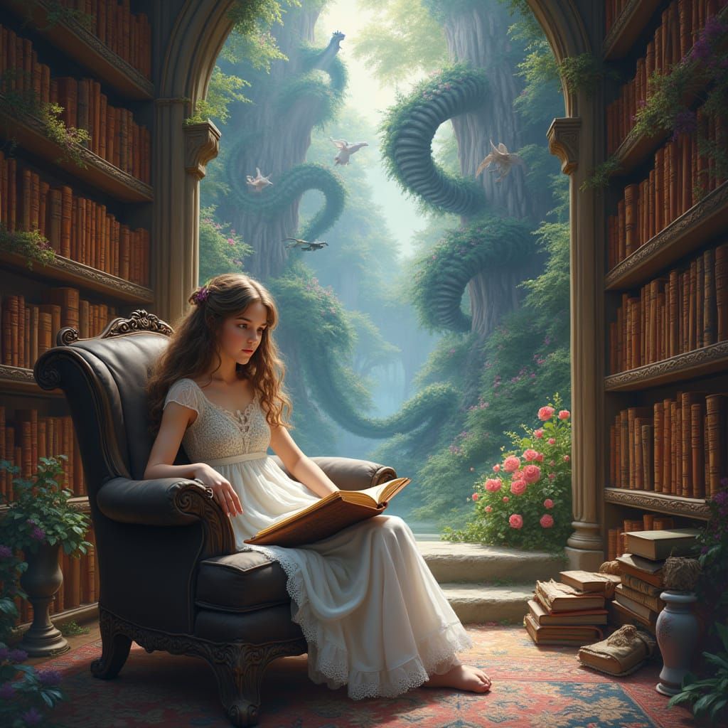 Mystical Library Portal with Dragons and Unicorns