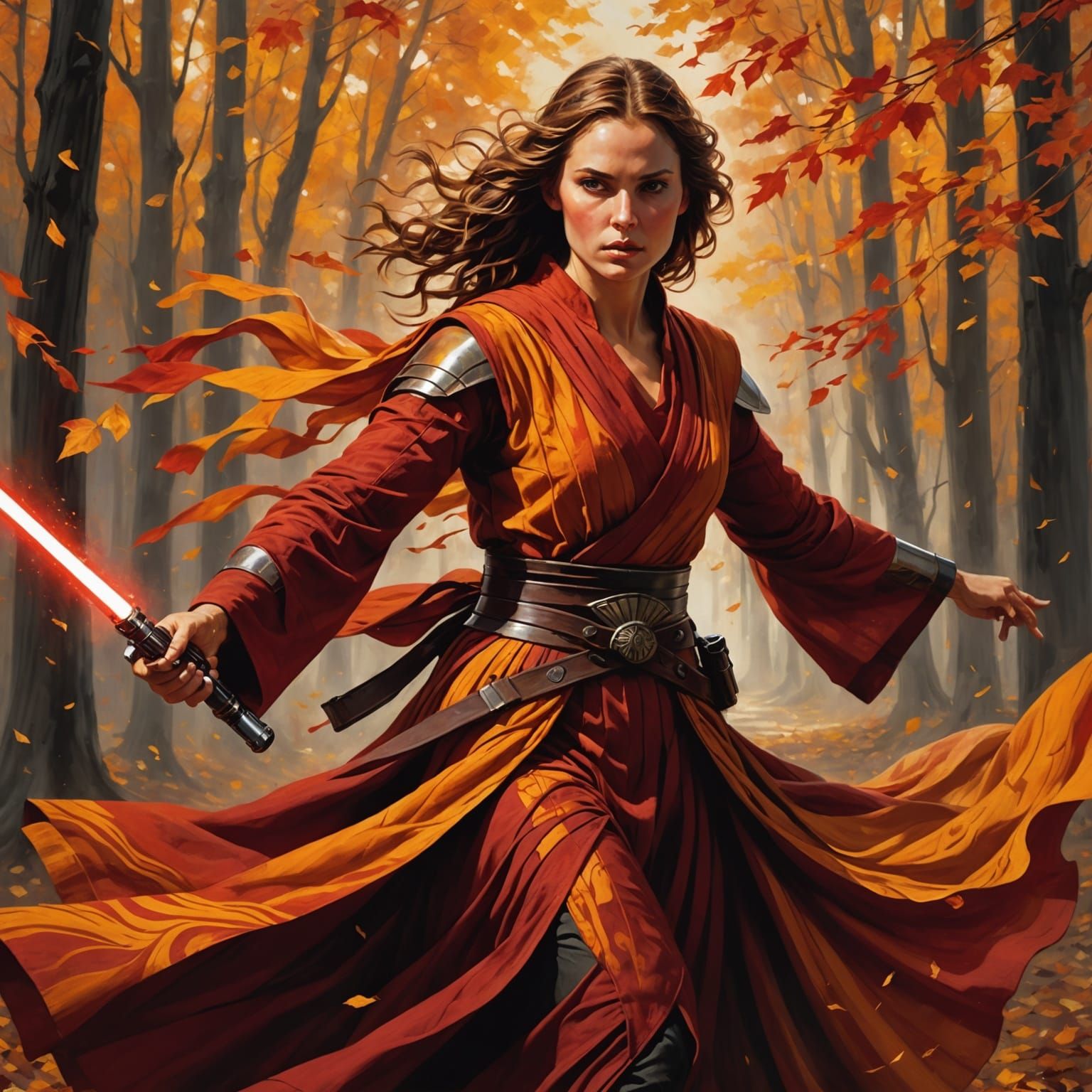 Female Jedi Knight in Autumn Colors with Lightsaber