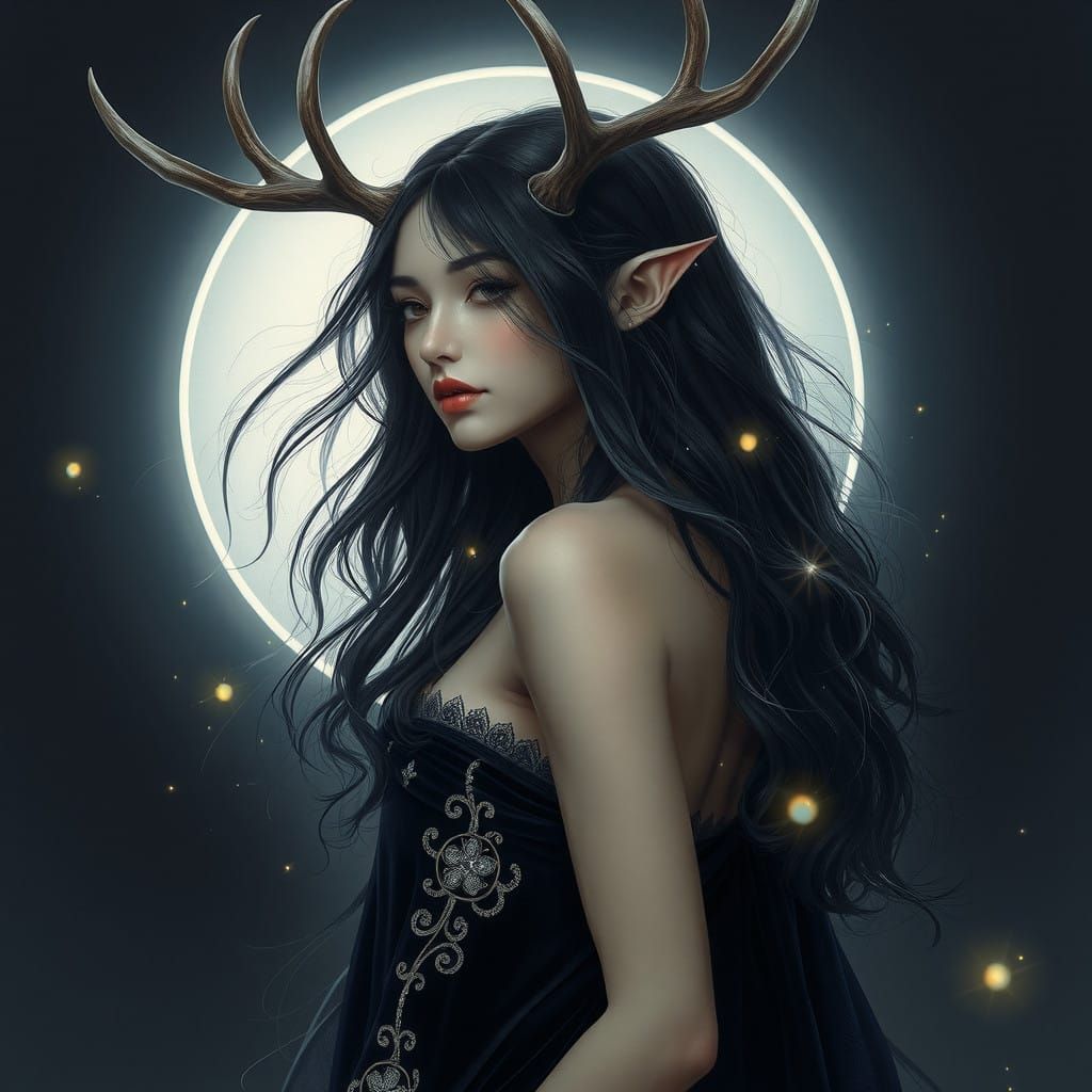 Ethereal Woman with Majestic Antlers in Dark Velvet Cloak