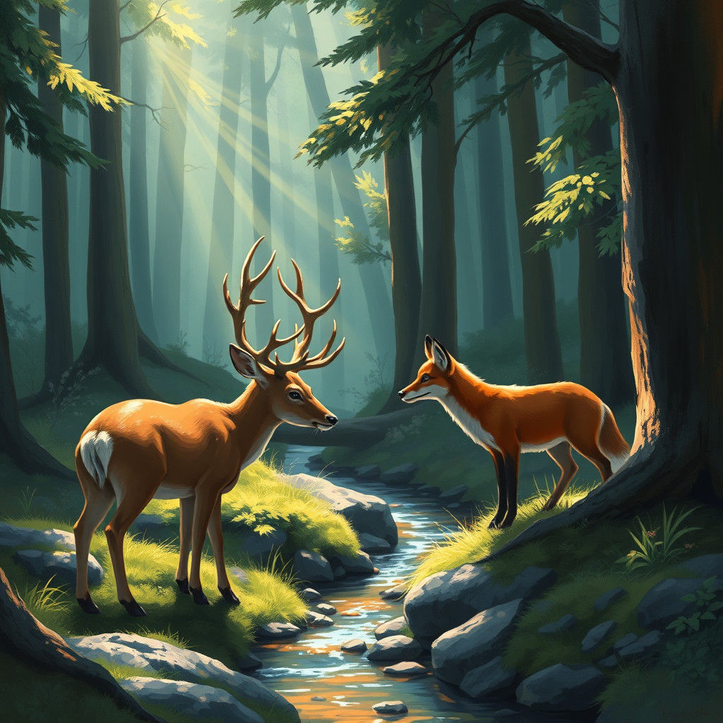 Deer and Fox Meeting in Forest: Colorful Brushstroke Paintin...