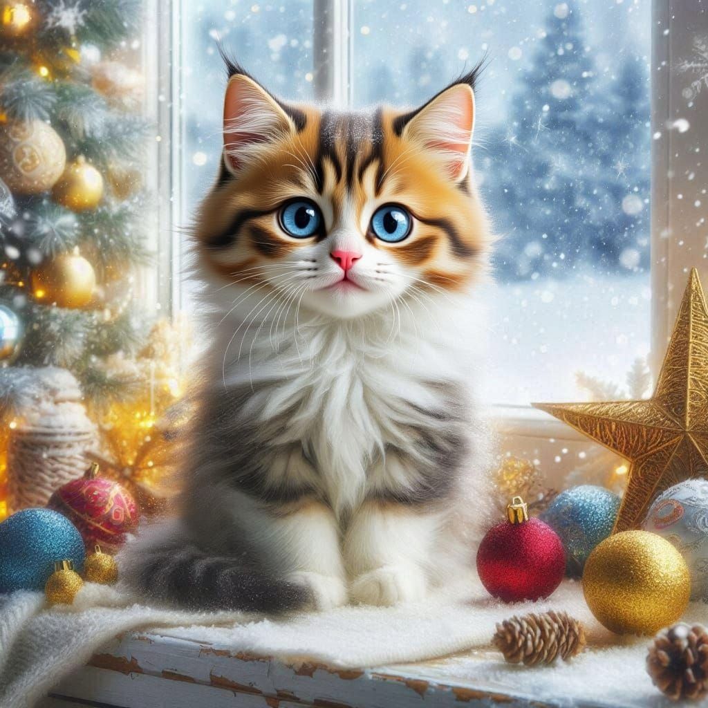 Fluffy Calico Kitten Amidst Christmas Decor
