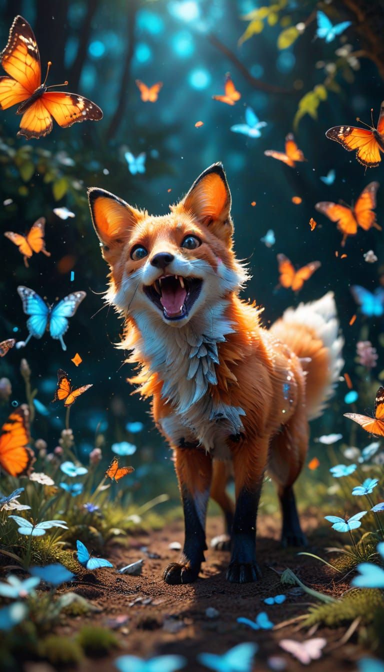 Playful Fox Chasing Butterflies in Synthwave Style