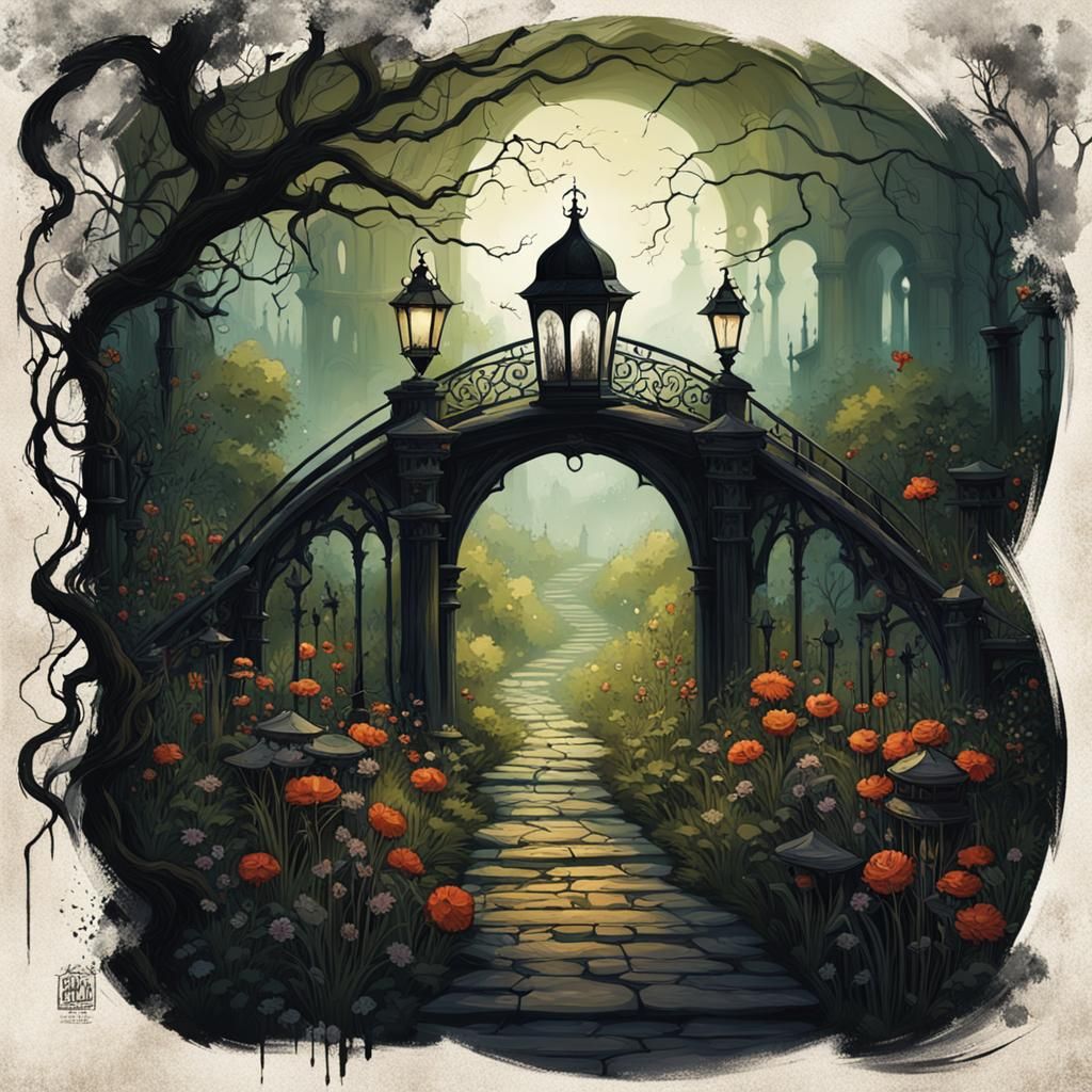 Macabre Gothic Garden Illustration in Blue-Gray Duotone