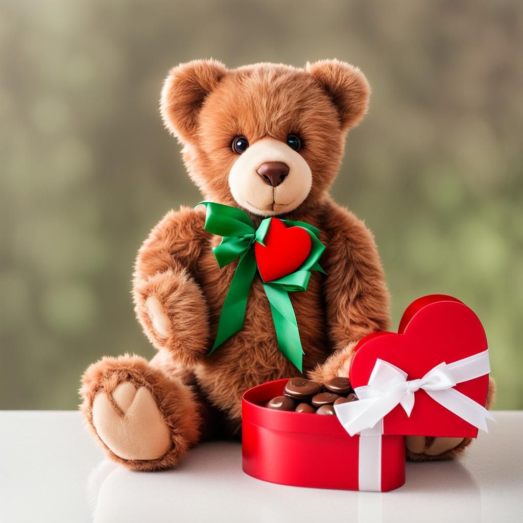 Valentine Teddy Bear with Chocolates and Flowers