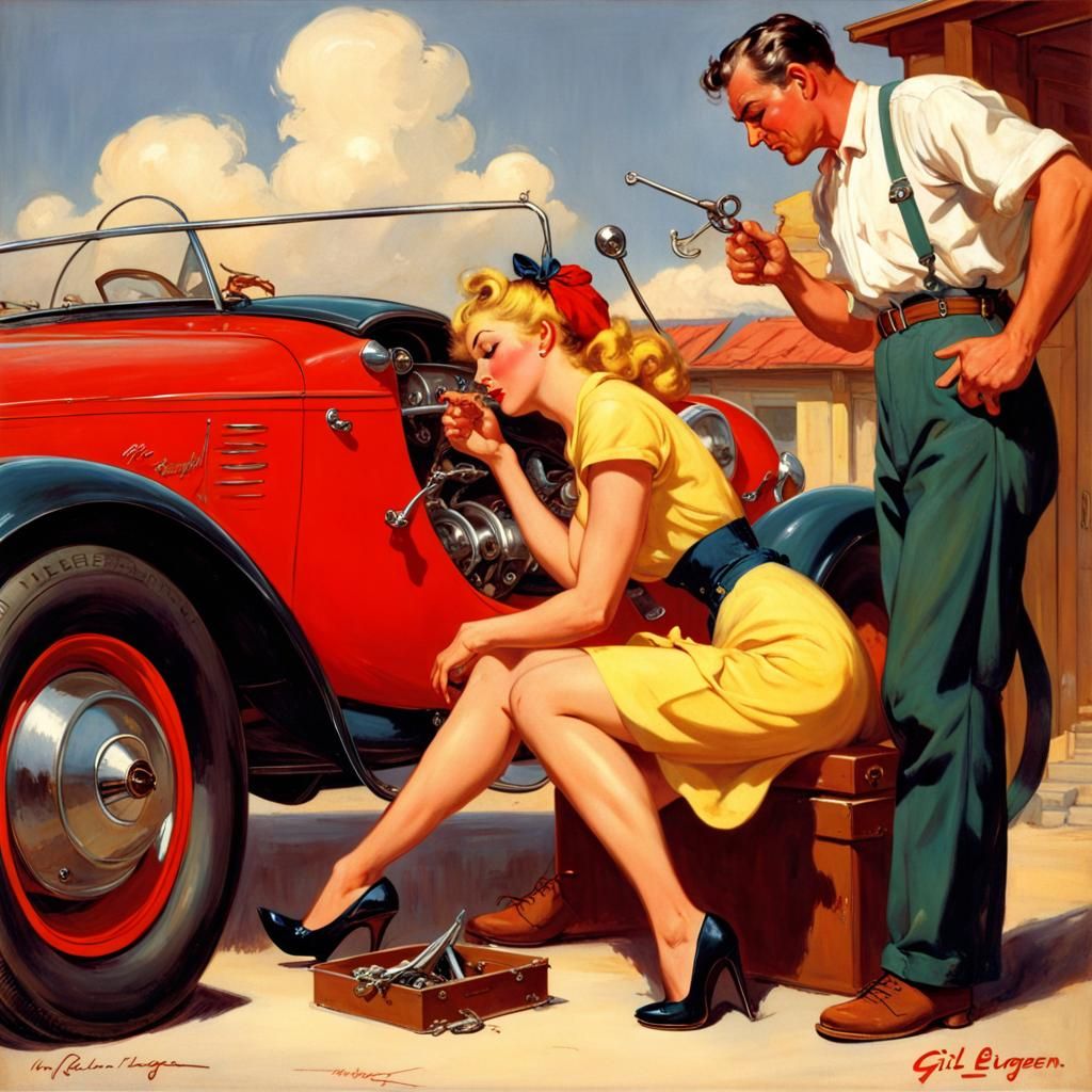 Classic Pin-Up: Woman and Mechanic with Roadster